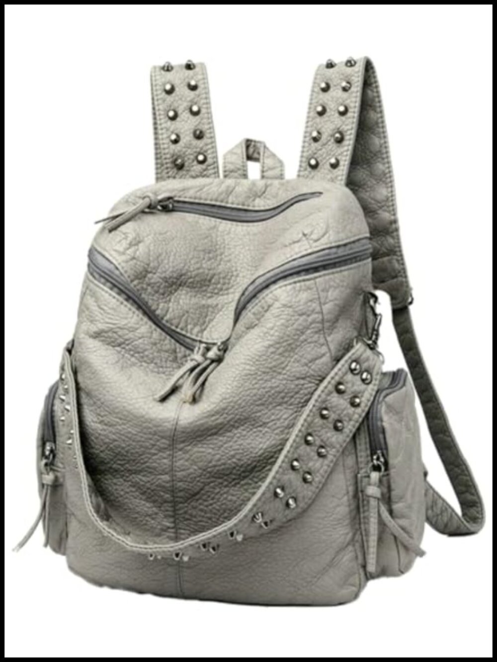 Womens Stylish Rivet Backpack Vegan PU Leather Multi Pocket Knotted Zipper